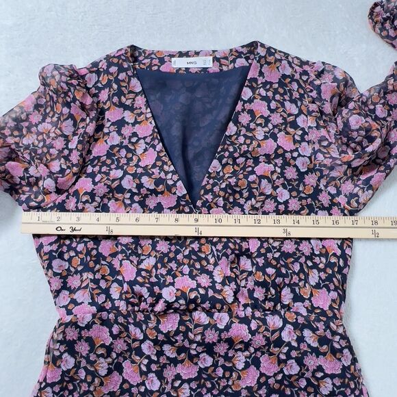 MNG By Mango V-Neck Maxi Dress Sz 4 XS Chiffon Floral Print 3/4 Sleeve - Picture 9 of 12
